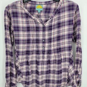 C&C California plaid flannel purple long sleeve blouse boho comfortable Size XS